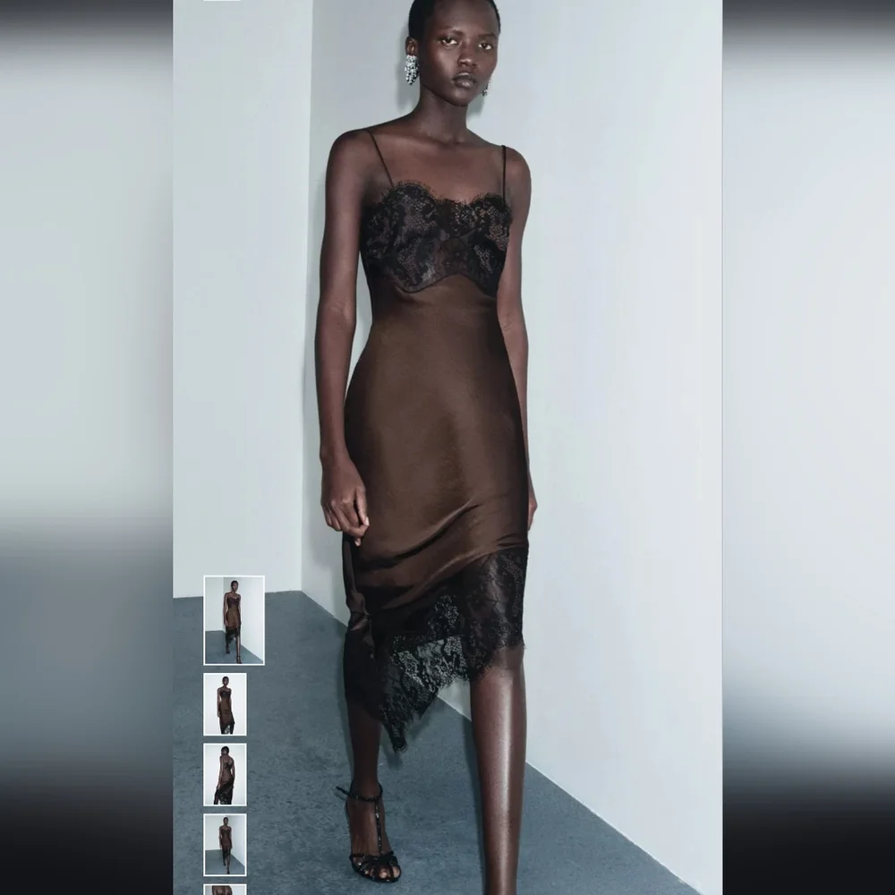 Zara Chocolate Asymmetrical Dress with Lace - Picture 1 of 11